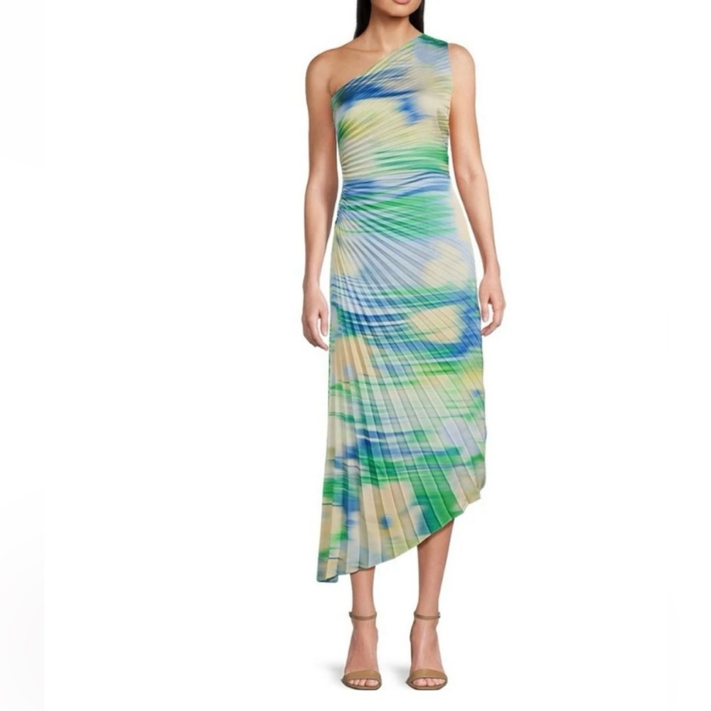 New Badgley Mischka Kelsey One Shoulder Asymmetric Pleated Dress size 2